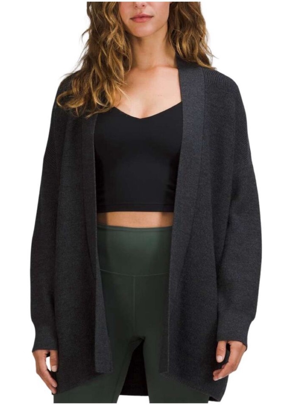 Lululemon Merino Wool-Blend Ribbed Long Wrap Sweater in Heathered Black Size 2